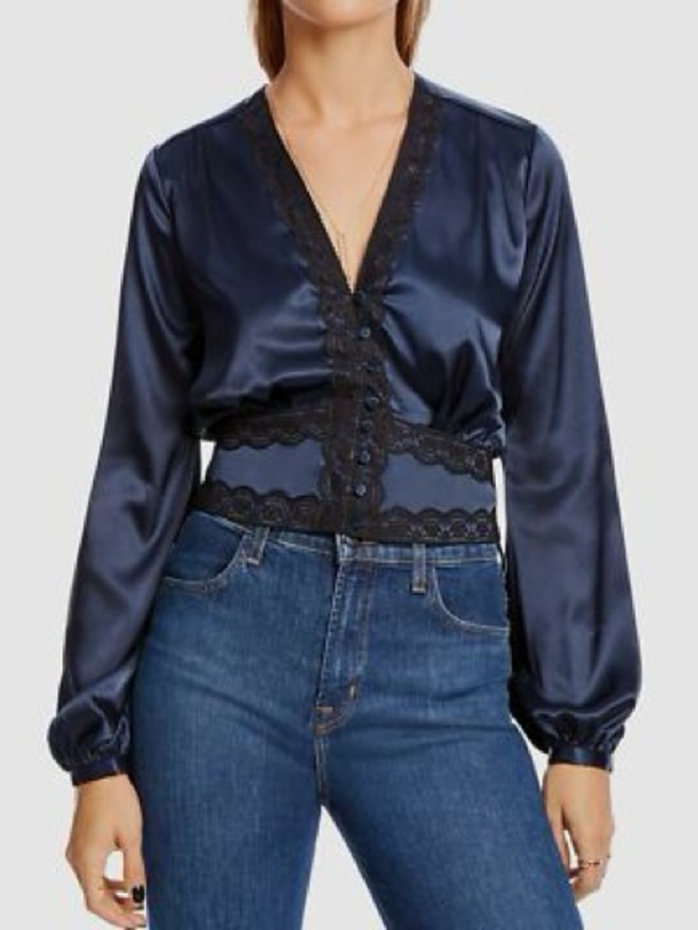 LINI Satin Lace-Trim Navy V-Neck Blouse S